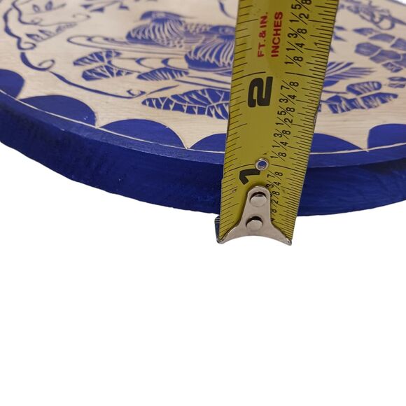 Asian Art Handcarved Wood 10" ROUND BLUE Block Painted BIRDS Ducks Water SIGNED - Picture 8 of 13